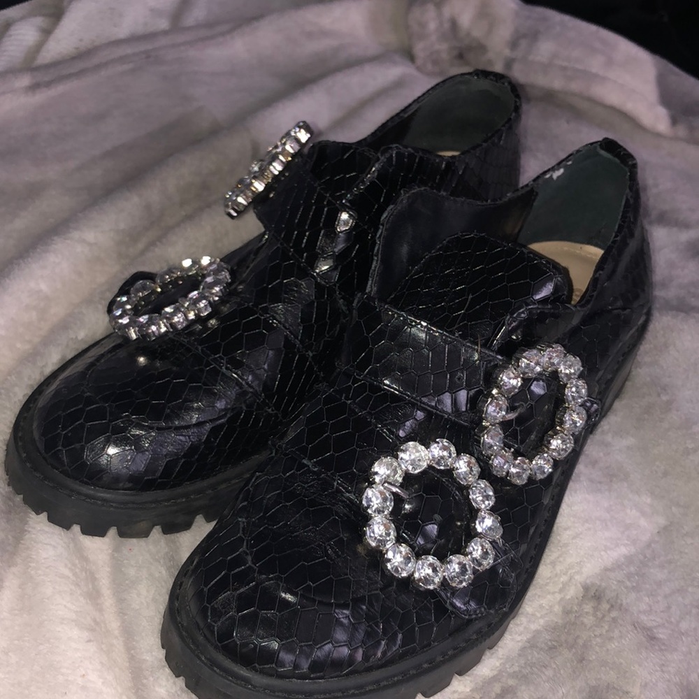 Schutz Chunky Embossed Rhinestone Buckle Loafer
